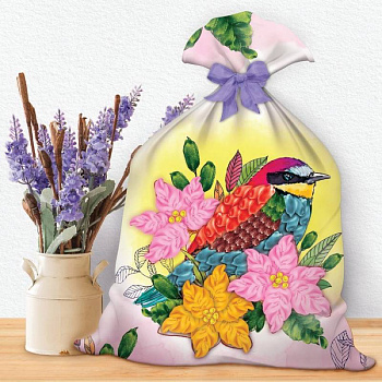 Вышивки лентами на мешочке 'Птица', 35 x 25 см